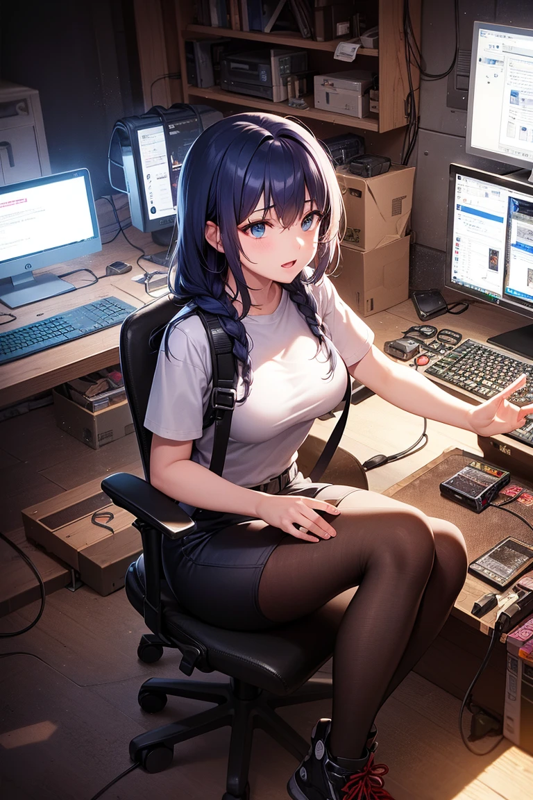 Thirty year old woman, glare, short blue hair With white lines In the middle, in two pigtails, orange eyes, wearing transparent glasses, Half body tights and Black miniskirt, Sit playing computer, night sky