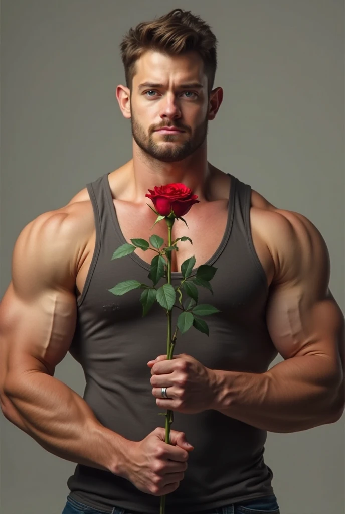 ((realistic photo)), handsome guy, 20 years old, wearing nothing completely naked,correct looking penis, well-shaped penis, smooth penis and balls , revealing his huge muscular thighs, carrying a red rose ((raised in front of his chest), sculpted body, Korean hair, sharp eyes, perfect face, perfect body curves, sculpted muscles  , facing forward. Roses in background, Location of the Greek kingdom.
