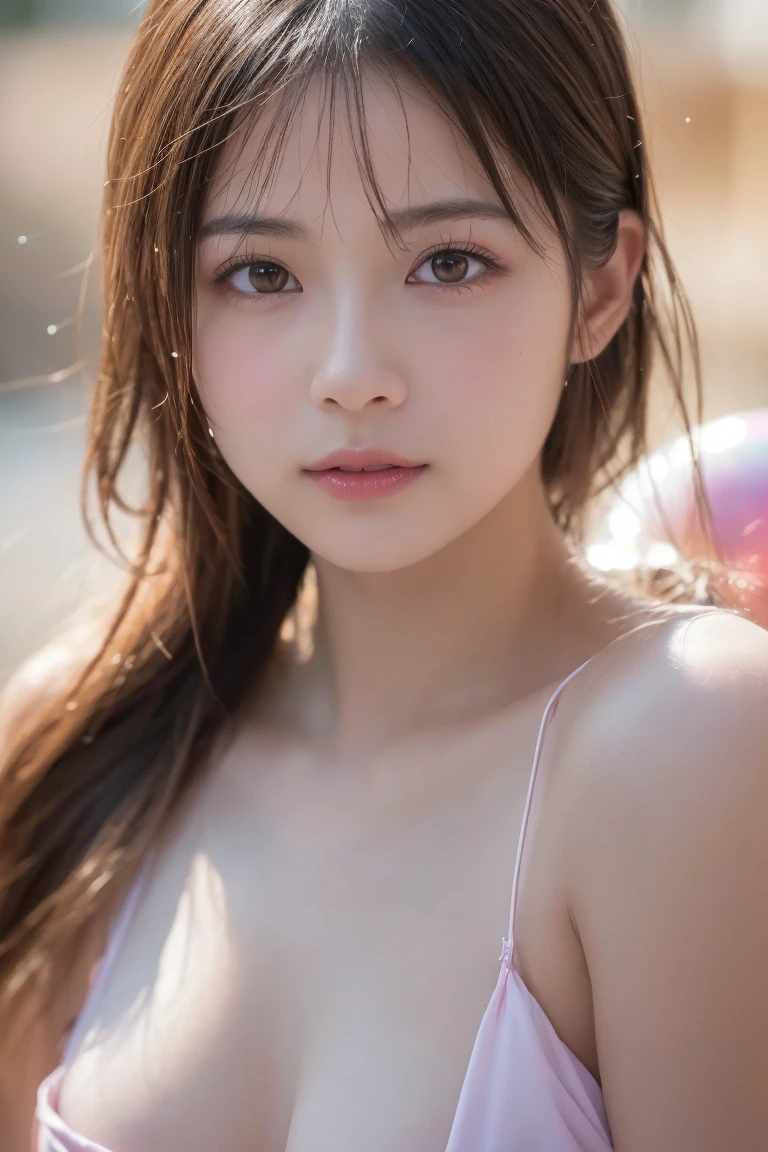 (Best quality, 4k, Masterpiece :1.3), pretty woman, 1girl, sexy :1.1, dark brown hair: 1.1, (rainy wet, wet from rain, wet body :1.2), white tank tops, ultra-detailed face, detailed lips, detailed eyes, double eyelid