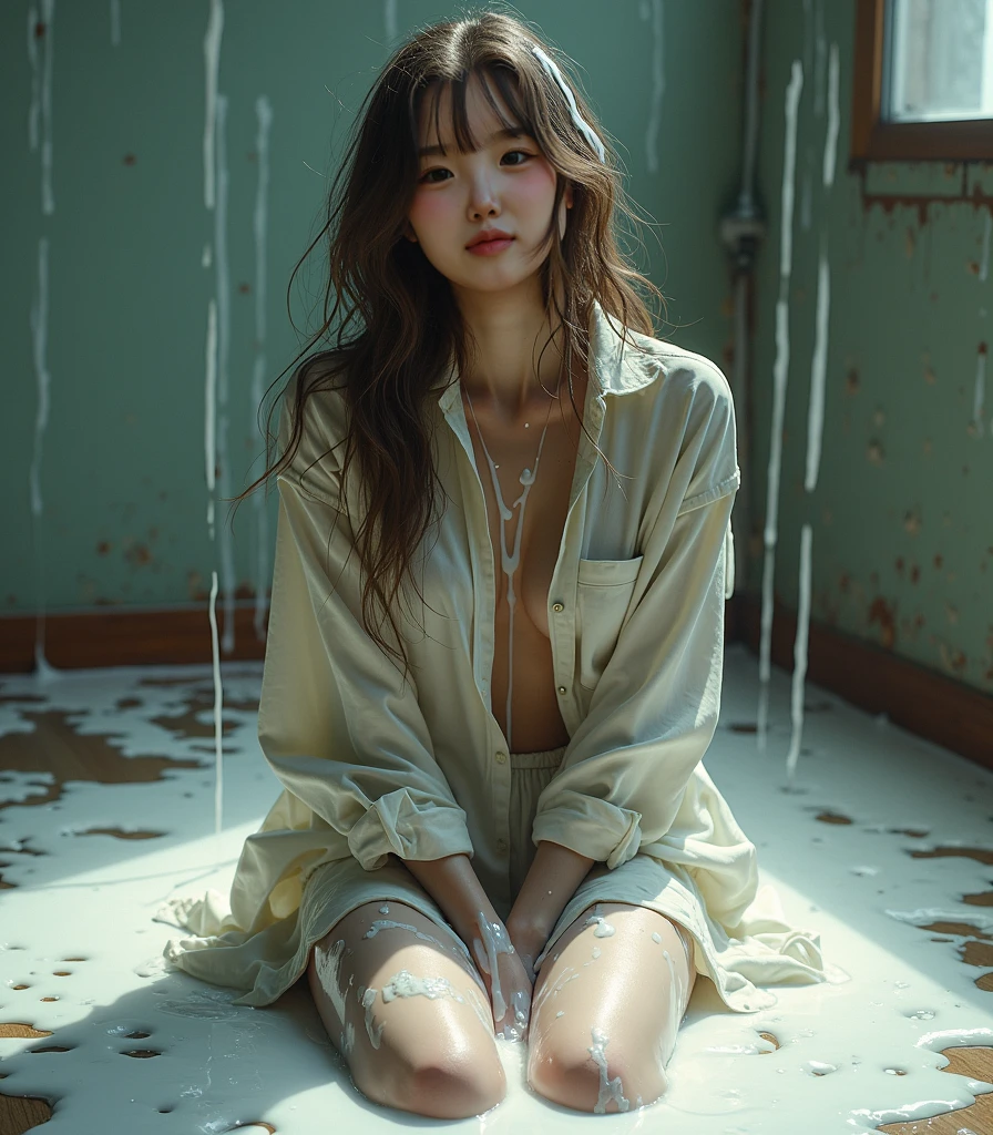 Highest quality, masterpiece, Ultra-high resolution, (reality: 1.4), RAW Photos, Ridiculous,dramatic,1 person, Smooth Skin, Wet, Soaking wet,(Milk all over the body),dramatic Lighting, Full body portrait, Tight T-shirt, Beautiful long legs,30-year-old woman, Are standing.There is a large amount of milk all over the body