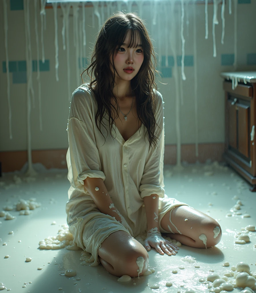 best image quality, masterpiece, super high resolution, (fidelity:1.4), photo, 1 girl, white shirt, torn jeans, white sneakers, dim, darkness, despair, pity, poor, movie, tears, teardrops, (torn clothes:1.5), (wet clothes:1.4), bare shoulders, real rain, wet hair,..