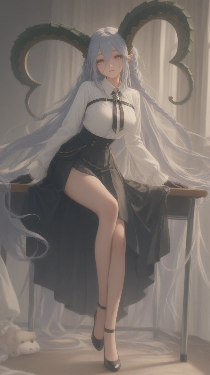 small girl, Long white hair, blue eyes, black Stylish glasses, blue dress, fluffy dress, short sleeves, open shoulders, book, sitting at a table, tea, Masterpiece, hiquality, 4k, HD, Good detail