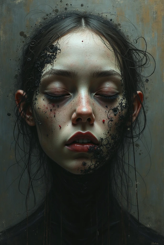 there is ugliness in beauty, But there is also beauty in ugliness. in the style of adrian ghenie, tente Andrews, Jenny Saville, Eduardo Hopper, Surrealism, Black Art by James Jean, takato yamamoto, Minimalist punk ink. Tim Burton style. Gothic.