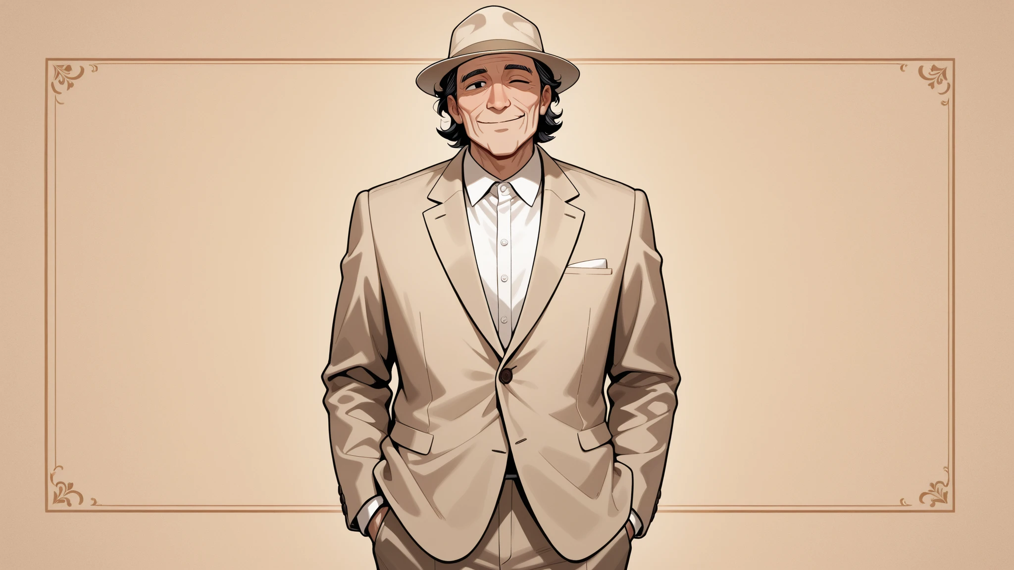 masterpiece, best quality, absurdres, highres), amazing quality, very aesthetic, sfw, general, background: in a cafe with ceylon tea and cookies, (1boy, solo, mature), (((old man))), cowboy shot, lean-faced, dark black hair, deep black eyes, layered hair, short hair, no beards, faint smile, winking, english gentleman, beige men's suit, beige fedora, mild

