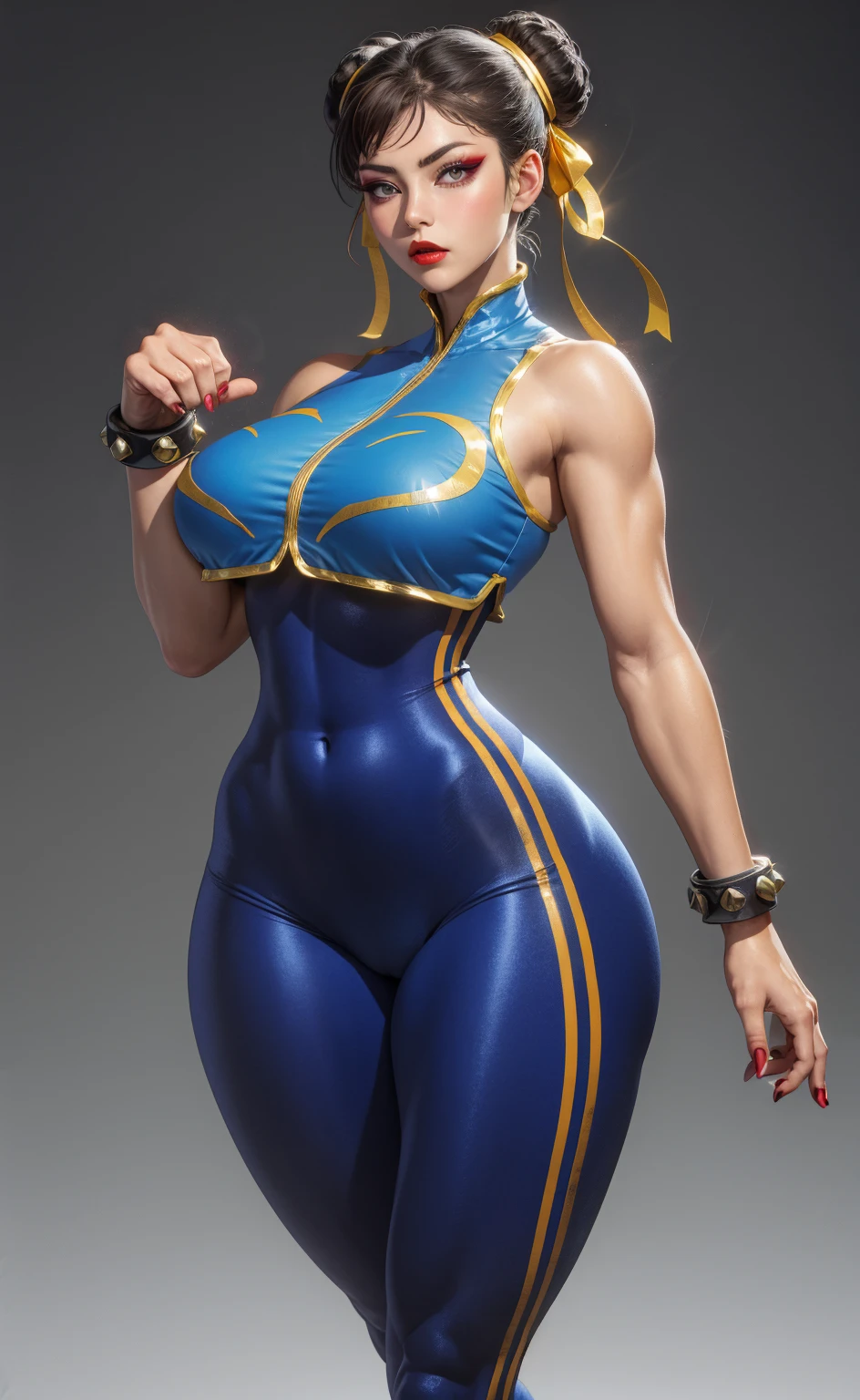 Alicia keys, (perfect face), beautiful brown eyes, beautiful lips, (short brown hair, hair bun, double bun), (perfect anatomy), (athletic body), (sexy), (thick thighs), (perfect hands), (blue cheongsam), tight blue track pants, spiky bracelets, looking at viewer, (medium full shot photograph), (fighting arena background), realistic.