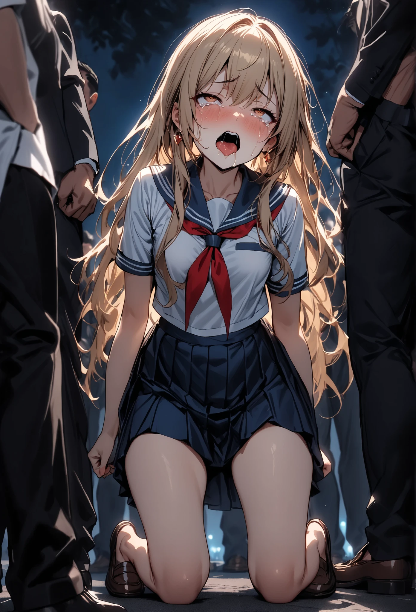 ((lots of heart marks:2))、(very small girl having sex:1.9)、(girl riding perfectly on top of a man:1.3)、(eyes half closed:2)、(smile:1.3)、((large tears:2))、(rich tears:2)、((drool from the mouth:2))、(The body shakes violently:1.5)、vagina 、8K resolution、 masterpiece、((highest quality))、anatomically correct、(The whole body is wet with semen:1.3)、(large group of middle aged men)、(chain color)、(stick out tongue)、(flower hair ornament)、(surrounded by many men:1.5)、(lots of body fluids)、(high school uniform:1.3)、(blue hat)