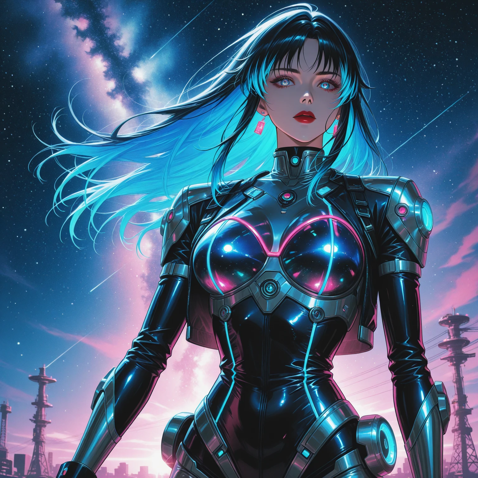 a highly detailed 3d character design of a beautiful anime-style girl, retrowave aesthetic, full body shot, Trigger Studio anime art style, manga comic book style, dynamic graffiti art, graphic design, vibrant neon colors, golden ratio composition, perfect for t-shirt design, hyper detailed, masterpiece, 8k, photorealistic, cinematic lighting, glossy skin, intricate costume design, exaggerated proportions, dramatic pose, dynamic energy, digital painting, concept art