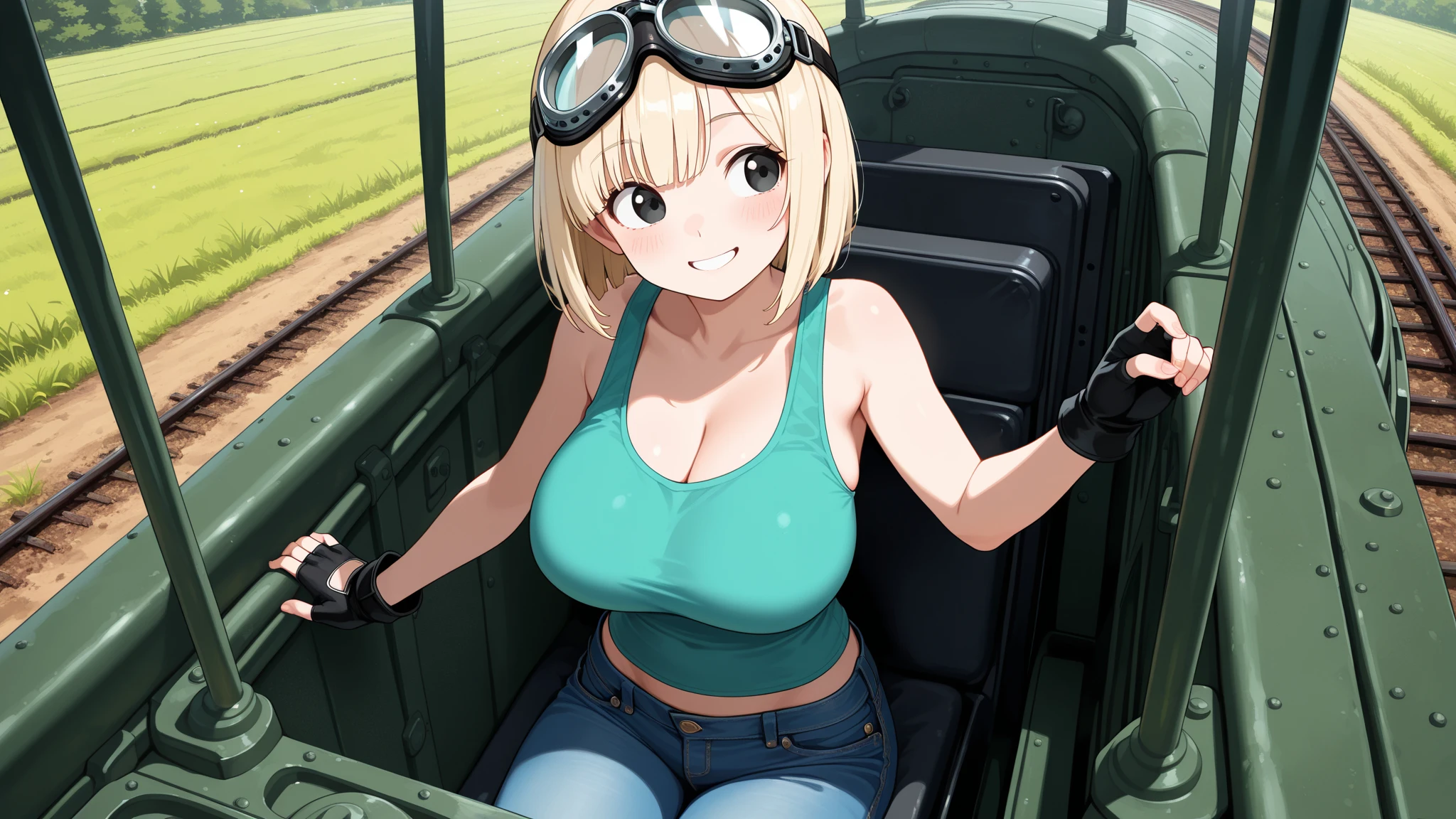 1 girl, sitting, inside a military vehicle, (((short sleeve, military uniform, mini shorts))), ((military vehicle)), arms up, (tied up:1.5), tied up, handcuffed, restrained, (worried:1.5), (blushing:1.5), perfect body, perfect face, perfect eyes, detailed eyes, beautiful eyes, big thighs, detailed face, full body