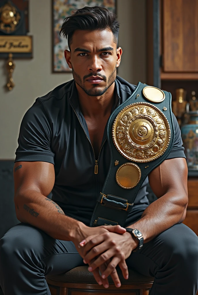 (masterpiece, intricately detailed, highest resolution, best quality:1.2),a cocky Sean Xavier male model,a 40 y.o muscle stud with a muscular physique sitting on a chair, gold bracelets, necklace, armbands, jewelry, flaccid penis,saggy balls,hairy chest,vascular,muscle striations,soft light,fantastic realism,