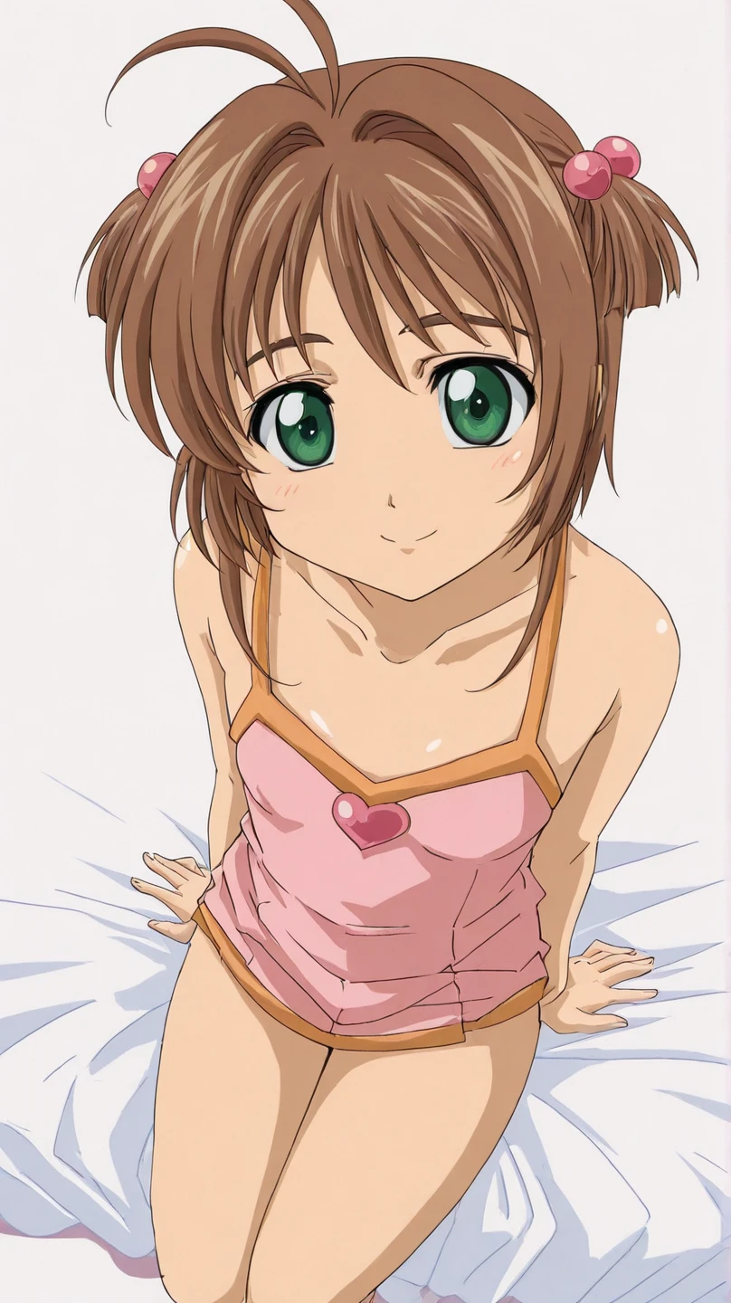 ((masterpiece)), ((best quality)), (ultra-detailed), anime style, look up from below, on the bed, a cute girl, 1girl, solo, hiyama Hikaru, underwear00, ((beautiful eyes)), small breast, smile
