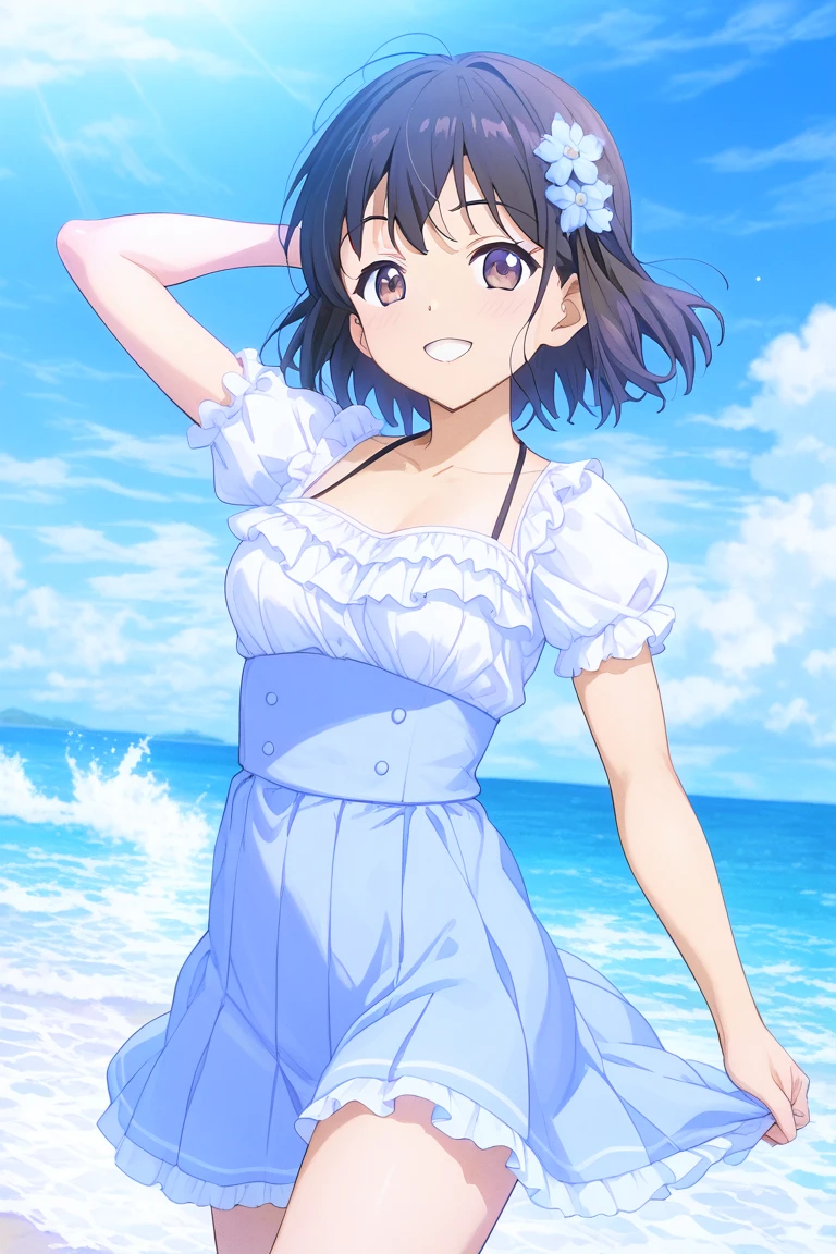 masterpiece,best quality,1girl,solo,jouga maya, blue shorthair,1girl,(petite),smile,close up,small breasts,white summer dress,white long skirt,dark night,dancing,wind,palm tree,night,galaxy,looking up viewer,beach, <lora:Gochuumon_jouga maya:0.7> <lora:add_detail:1>
