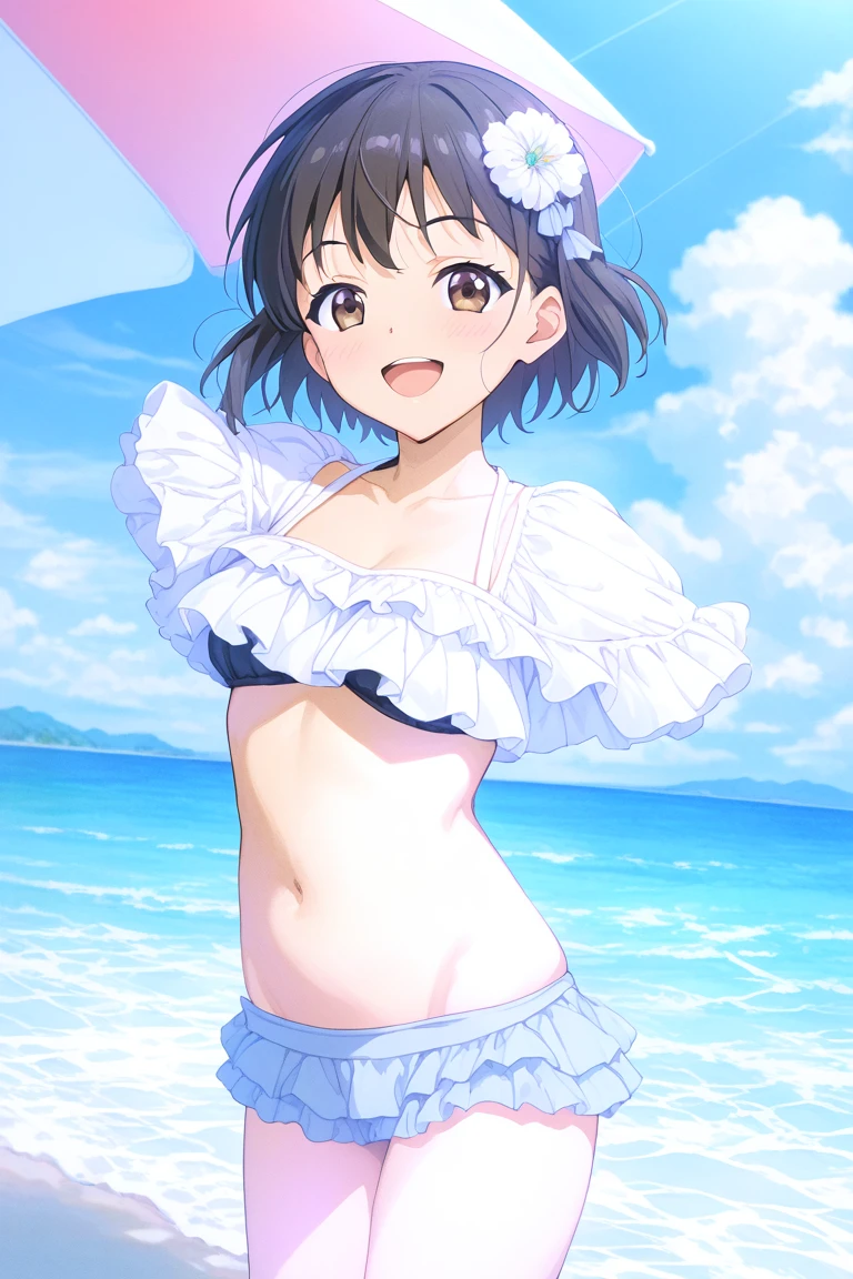 Mirai Kasuga, (highest quality, 8k, masterpiece, Very detailed:1.2), (Lens flare, Particles of light, Shine), Big Breasts, smile, Open your mouth, masterpiece, highest quality, Very detailed, High resolution, Very detailedなCG, (Official Art), Off the shoulder, Micro Bikini, Bikini in red, (Embarrassing:1.1), (blush:1.2), Open your mouth, ((Spread your legs))(shout:1.1), (Moving lines:1.1), blue sky, summer, Sandy Beach, Cowboy Shot