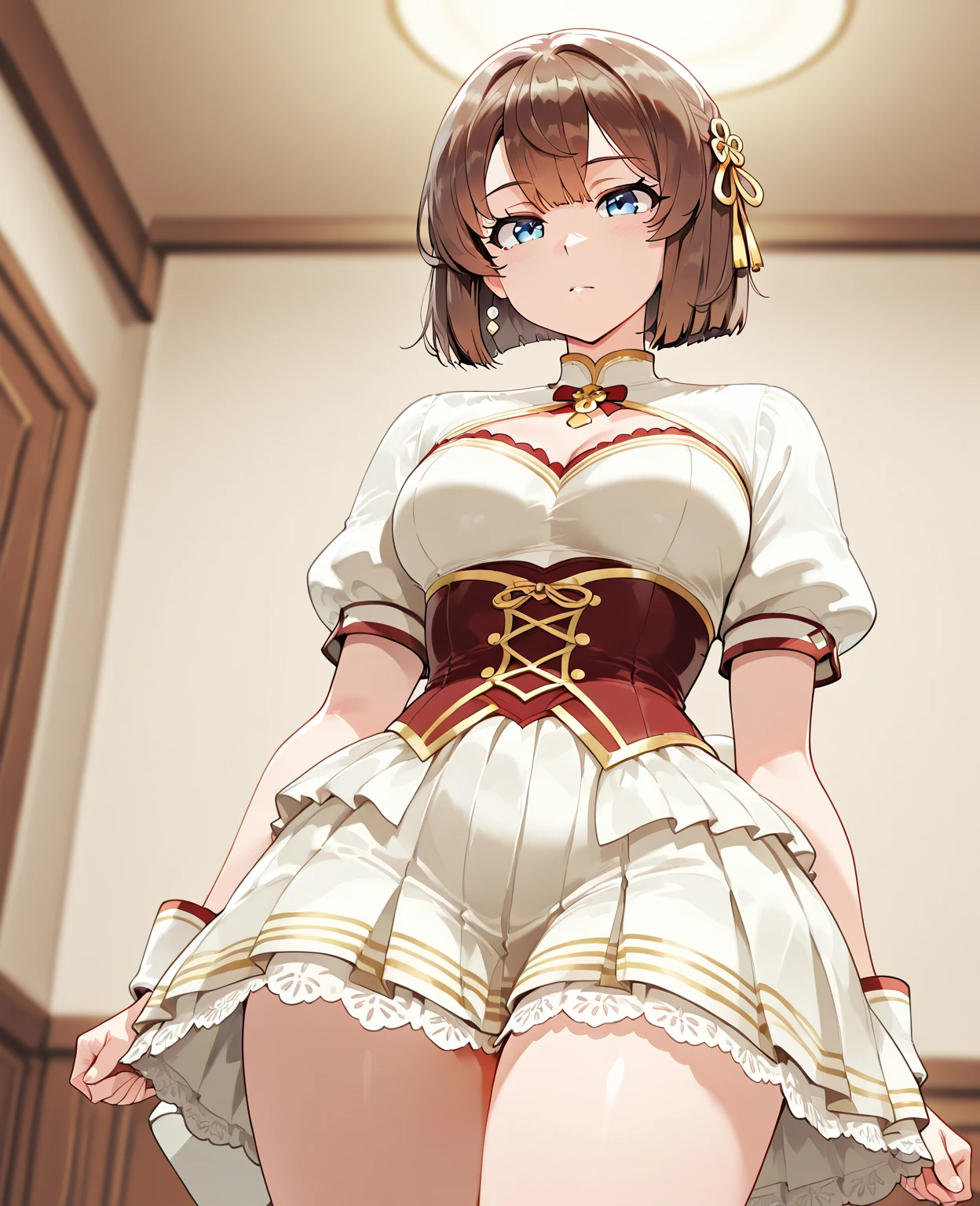 1girl, aaichika, tiara, bridal veil, necklace, cleavage, wedding dress, strapless dress, white dress, white gloves, elbow gloves, from below, skirt lift, white panties and sexy stockings, bare legs,, masterpiece, best quality, highly detailed, beatrix amerhauser, ShizukaMikazuki,short hair, brown hair, hair ornament, brown eyes, hairclip