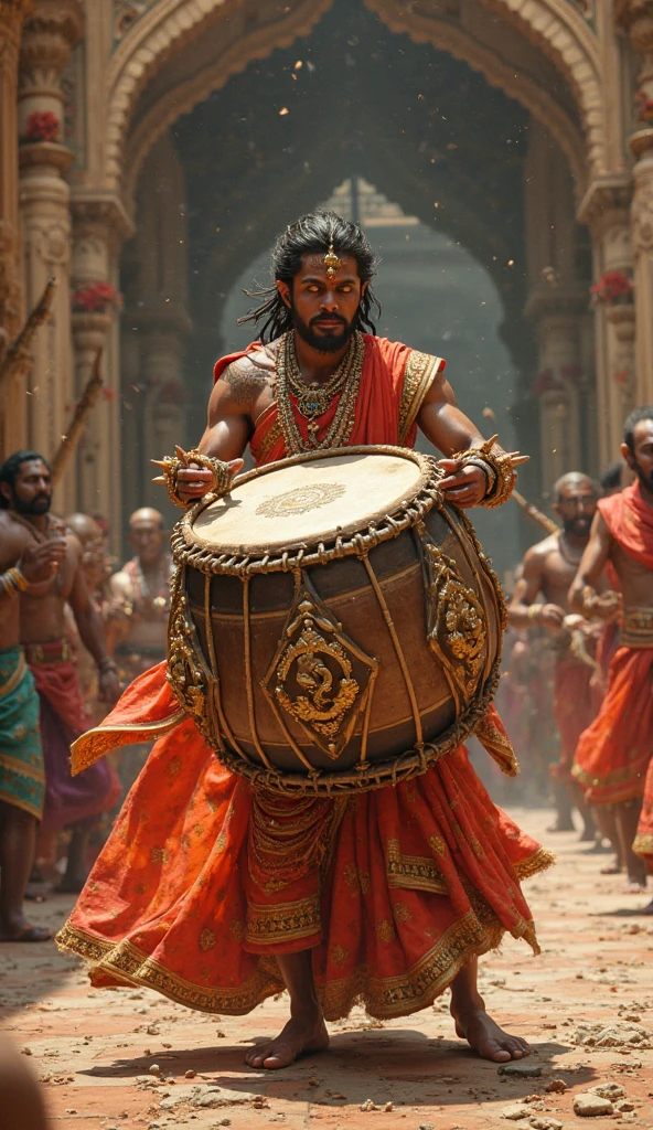 a handsome ethnic man of Gujarat playing a big dhol with two sticks and 140 girls dancing around Him and later they found it was lird krishna himself 