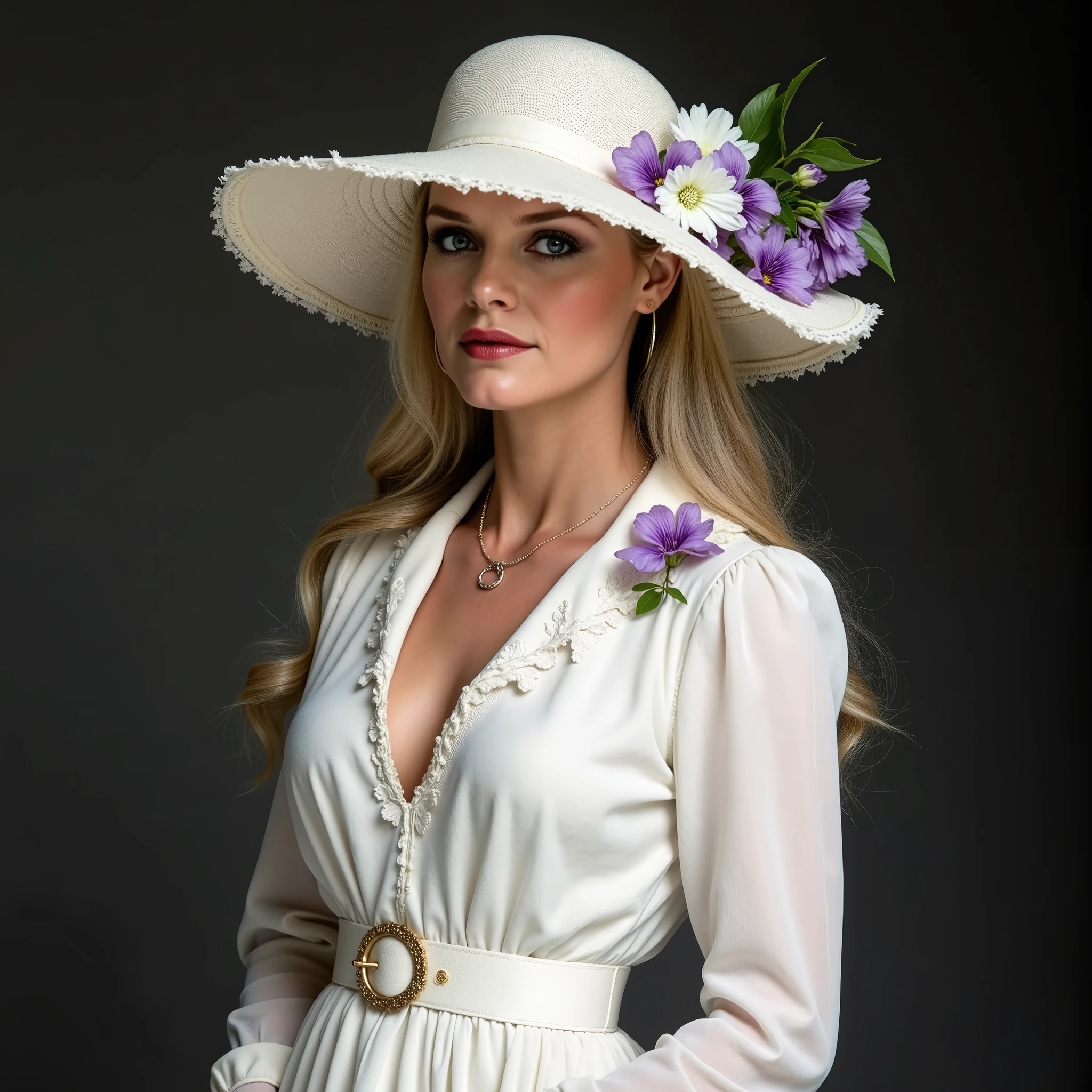 a realistic professional photo of Michelle Pfeiffer, she wears a white long old designed dress (1900) and a big white hat, there is a belt that is also white and a white purple flowers on her hat and down the dress, professional lighting, clear photo, high quality, perfect anatomy