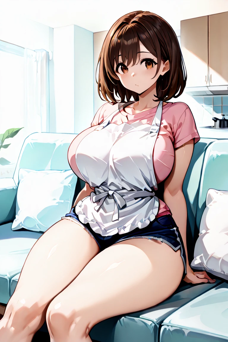 最high quality, Flying debris, high resolutiOn top of that, blush, (Captivating smile: 0.8), On top of that_body, Tyndall effect, reality, Shadow Room, Light Edge, two tOn top of thate lighting, (Skin with attention to detail: 1.2), 8K Ultra HD, Single-lens reflex camera, Soft Light, high quality, Volumetric lighting, Candid photos, high resolutiOn top of that, In 4K, 8k, Background Blur, real persOn top of that, White wall, Grey table, plant, window, Masterpiece of sexy pose))), ((最high quality)), ((Complex)), ((Surreal)), Stupid reply, Mature Woman, Mature Woman, perspective, Very detailed, shape, 1 girl, ((Big Breasts)), Perfect hands, Finger details, Beautiful and beautiful eyes, short hair, Brown eyes、Tight Skirt, Detailed Background, Bedroom, Perfect Eyes, Captivating eyes, Looking at the audience, From below、Pink Apron、Spread your legs