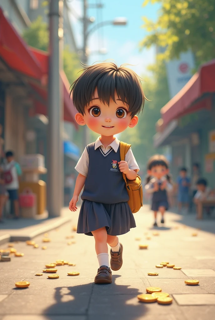 A little boy wearing a face-to-face blouse, white shorts, holding a red balloon, and standing under a large green tree with a smile