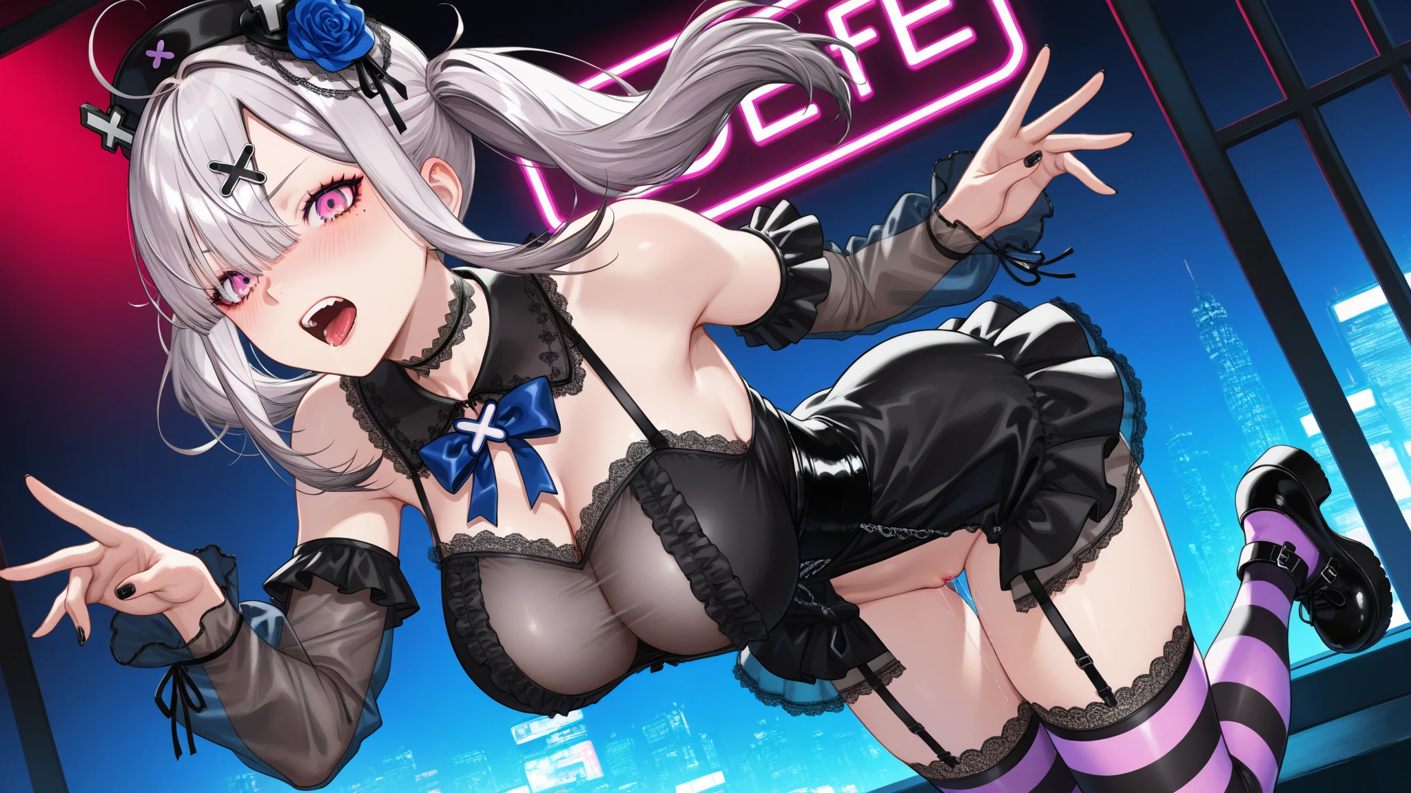 (Magazine Cover:1.8)、(From above:1.1)、(Squat down and show your crotch)、 pretty 1girl, top-quality、The ultra -The high-definition、hight resolution、extremely details CG、8K Unit Wallpapers、17 age、Beautiful detailed eyes,(((cyberpunked、black nurse、Black corset with skirt、Nurse Cap、purple bikini、 Black legwear、)))、(a wet body:1.4)、(Shiny body,:1.6)、 Sweat,be shy、(Ahegao:1.5)、(put out the tongue)、full of shyness、