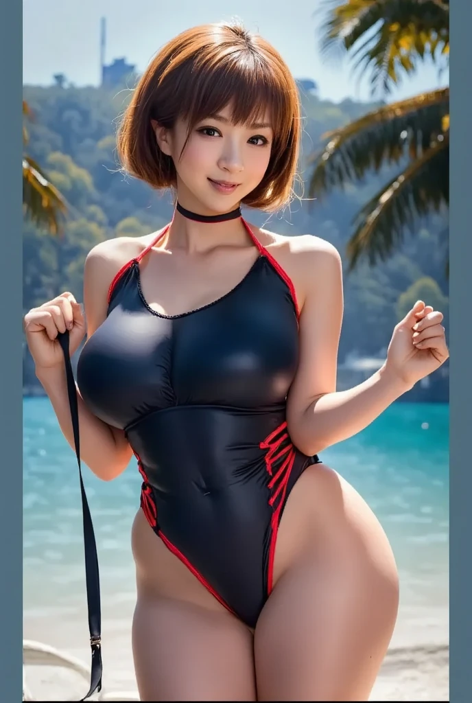 (highest quality,masterpiece:1.3,Ultra-high resolution),(Very detailed、Caustics) (Realistic:1.4, RAW shooting、)Ultra-Realistic Capture、Very detailed、Natural skin texture、masterpiece、(A Japanese girl wearing a cow print one-piece swimsuit:1.3)、Adorable expression、Expressions of happiness、14 years old、Height: 160cm、Young Face、Amazingly cute、Short bob hairstyle、Straight hair、Black Hair、light makeup、Her huge breasts are bursting at the seams、Bare arms、Shining thighs、Shining ass、Shooting in a neon city at night、smile、An inviting gaze、Anatomically correct、Cowboy Shot、Attention to detail、A pose that emphasizes the chest、