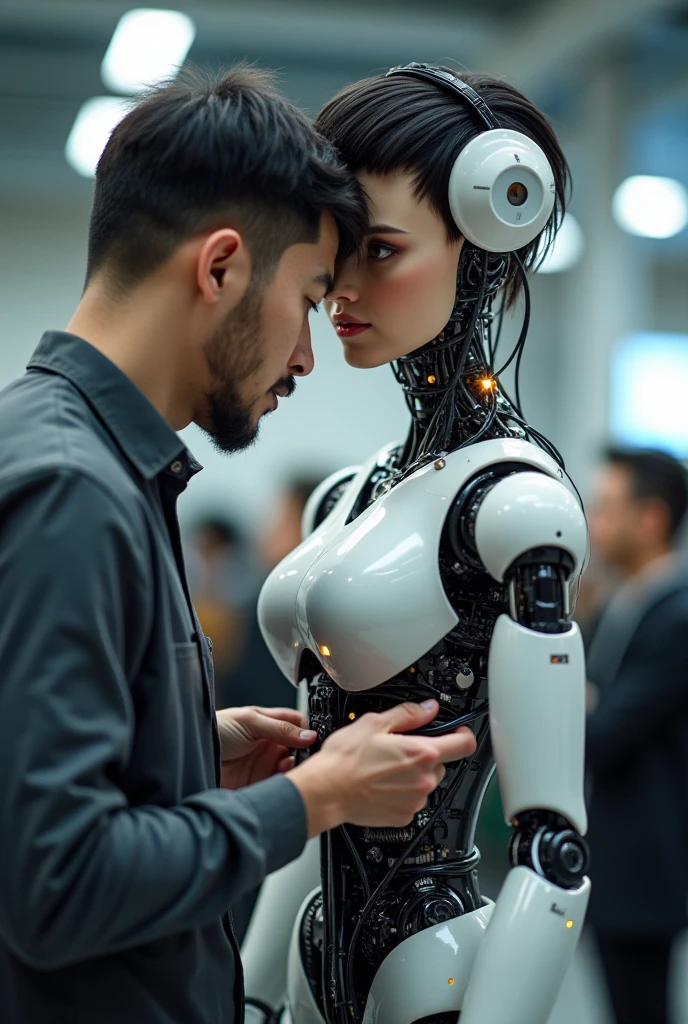create an image where you see a more advanced humanoid robot, alongside a human as a magazine cover with a simple drawing style on a solid color background