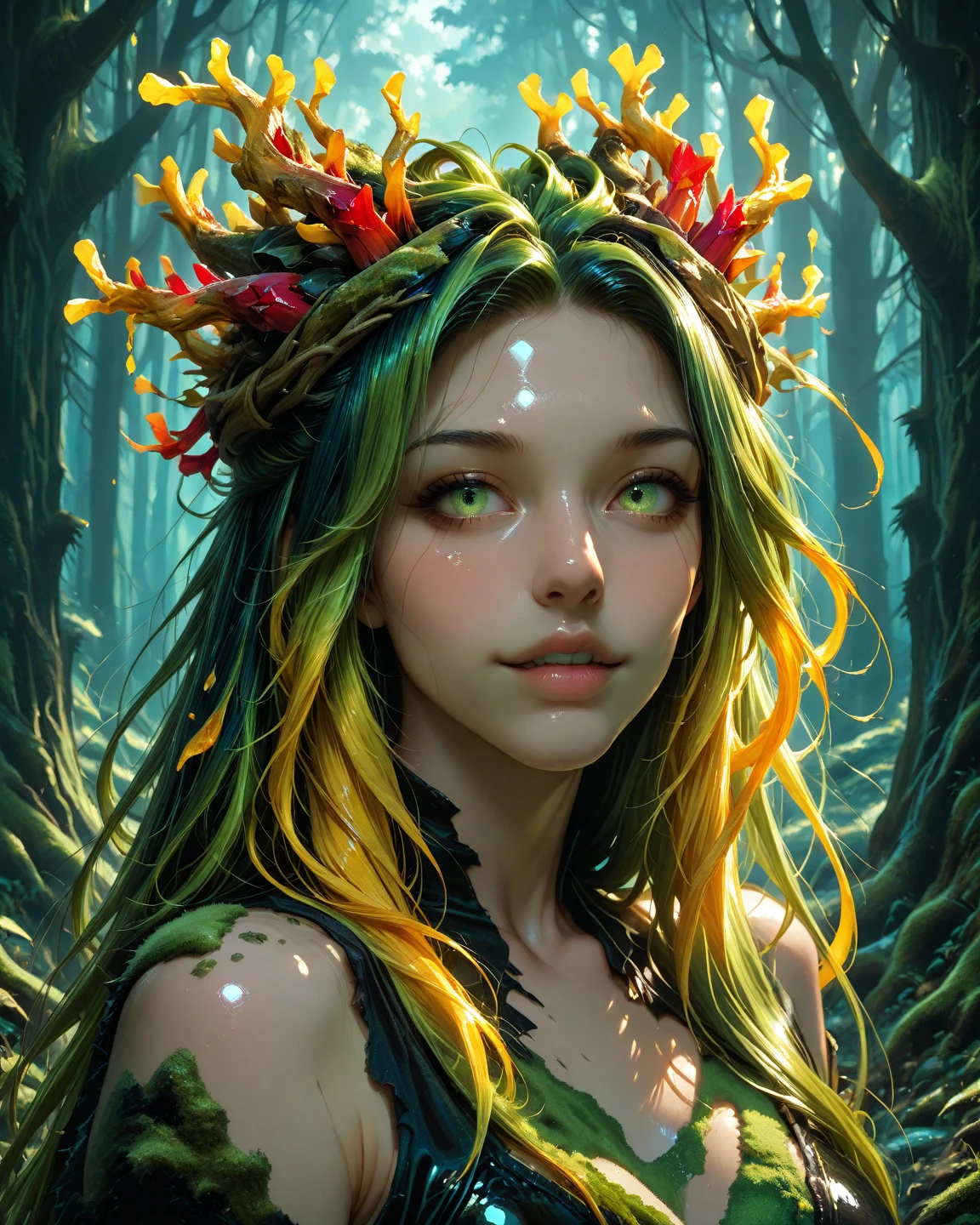 Plant woman, with hair from plant roots, and her body formed by tree roots, whole body image, plant woman, woman with plant body
