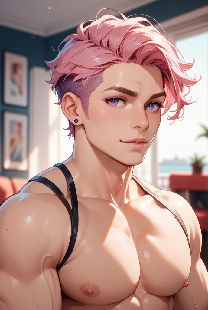 Handsome slender guy with sharp facial features, big pink lips, topless, high cheekbones, small muscles, (sweat) (moaning) , glossy lips, shiny skin, sweat rivets, hair messed up, cropped at the waist, armpits out, twunk, detailed face, HD, 8k, detailed eyes, detailed lips