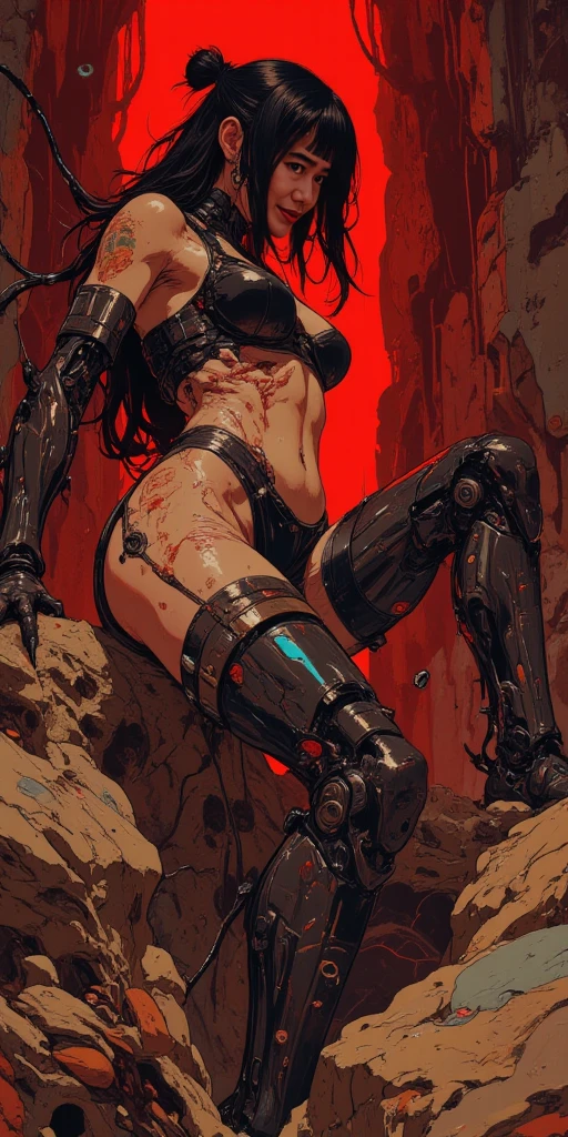 An apocalypse on Mars. Beautiful face and Colombian women with legs , resembling Angelina Jolie as a cyborg warrior on the moon, with a large Earth in the background sky. She drives a Cybertruck and her face is covered in blood on her body. Show her full body and legs.