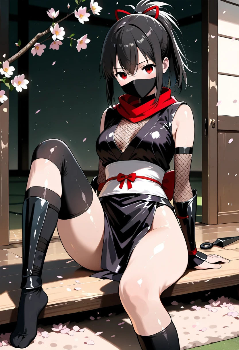 Prisoner of war, ninja, ponytail, black mask, medium breasts, torn clothes, cloth wrapped around chest, restraint, angry, slanted eyes, rope, full body wet, wet crotch, wet thighs, watery eyes , shy