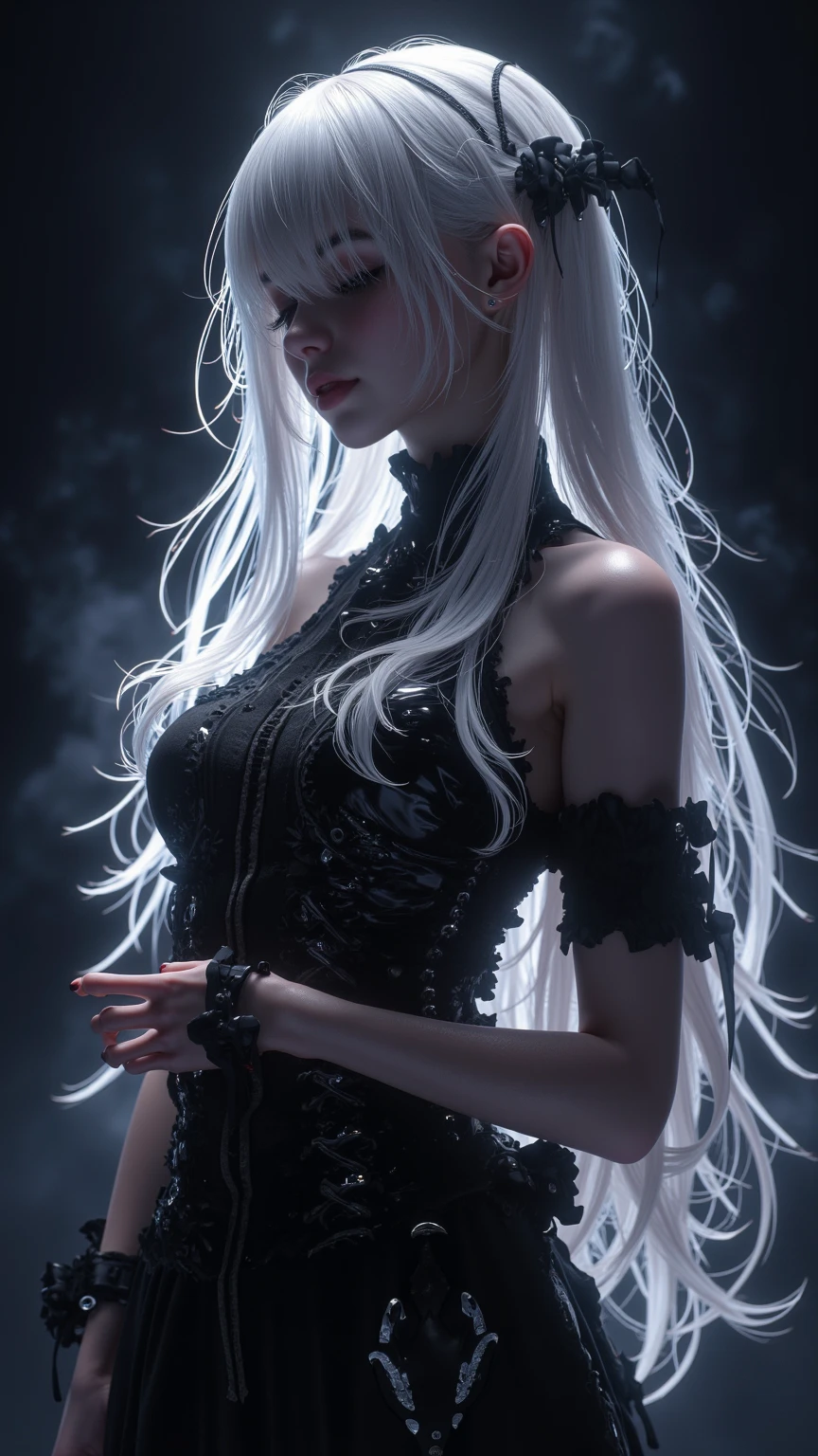 [Selene, a girl with white hair, white skin, her eyes were white and without pupils, and she was a demon girl, she had black demon horns, she wore a black suit, but she had pointy shoes that she used as a weapon as well]
