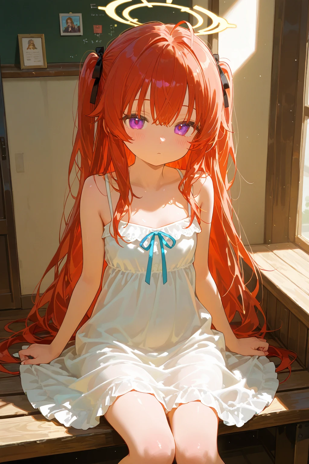 FrillWEP, 1girl And 1boy, solo, orange hair, green eyes, black hairband, very long hair, white dress,sleeveless dress, collarbone, wavy hair, Sex ass Penis and Veginal girl on top