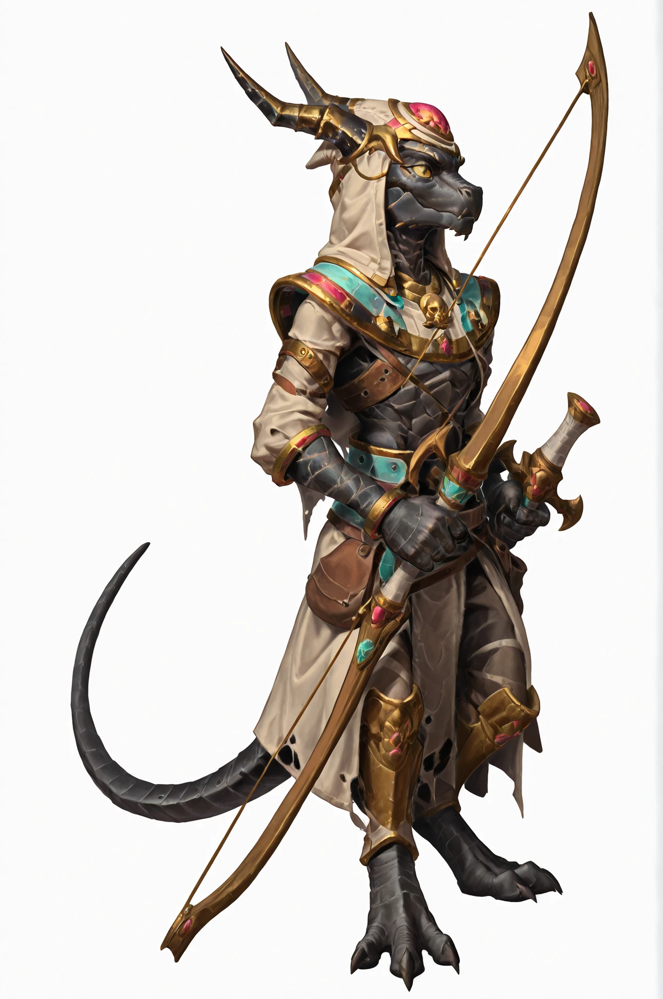 Necrotect, kobold, black scales, archer, hood, militar beige hunter clothes, horns, fullbody art, solo, lean, holding a long bow, white background,