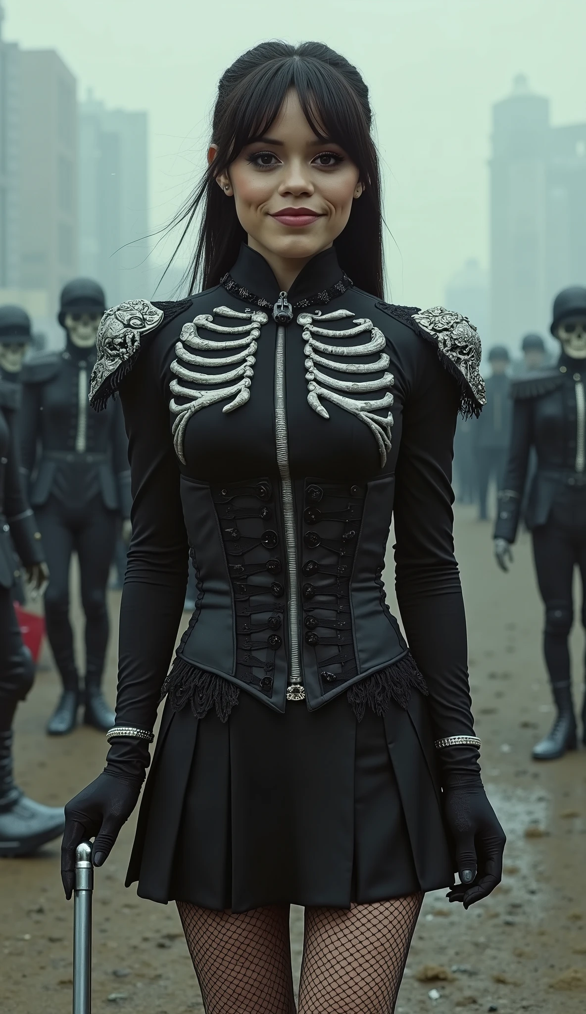 masterpiece, ultra-realistic, medium close-up (from upper thighs to head), Peruvian waripolera as gothic military leader, smile, standing in the center of a destroyed cemetery-avenue surrounded by fog and debris, wearing EXACT Black Parade uniform modified: (black high-neck corset leotard with silver epaulets:1.6), (ultra-short black satin skirt with silver skeleton embroidery:1.5), (black fishnet sleeves), (((perfectly proportioned hands gripping a short silver baton at mid-shaft, marching leadership gesture with anatomically correct fingers))),ultra-realistic post-apocalyptic parade scene, a decayed gothic city in the background with crumbling skyscrapers, dark ruined buildings, and falling ash particles, cloudy overcast sky, desaturated color grading with muted grayscale tones, a destroyed road lined with debris and shattered wood, a large crowd of skeletons dressed in Victorian funeral attire, black military uniforms, some with tattered capes and brass details, all marching solemnly behind a moving red-decorated float, on the float, a skeleton rock band performing, skeletal lead singer with a vintage microphone, drumset and guitars placed on a raised platform covered in black and red flowers, worn velvet fabric with silver trim, gothic theatrical atmosphere, dramatic cinematic lighting, spotlight on the float, a large black blimp in the sky reading “THE BLACK PARADE” in white hand-painted letters, eerie snowfall falling over the entire scene, surreal and somber mood, Flux --hand_renfinement 2 --style raw --ar 4:5 --no deformed hands, extra fingers, missing digits, asymmetric fingers