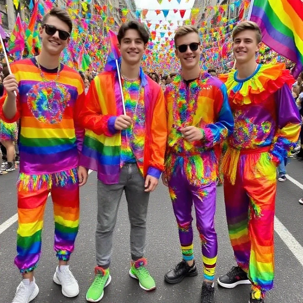3 Male Teenager in purple briefs with white stripes big bulge big butt realistic look with rainbow bodypaint on a pride parade with other male teenager and boys kiss