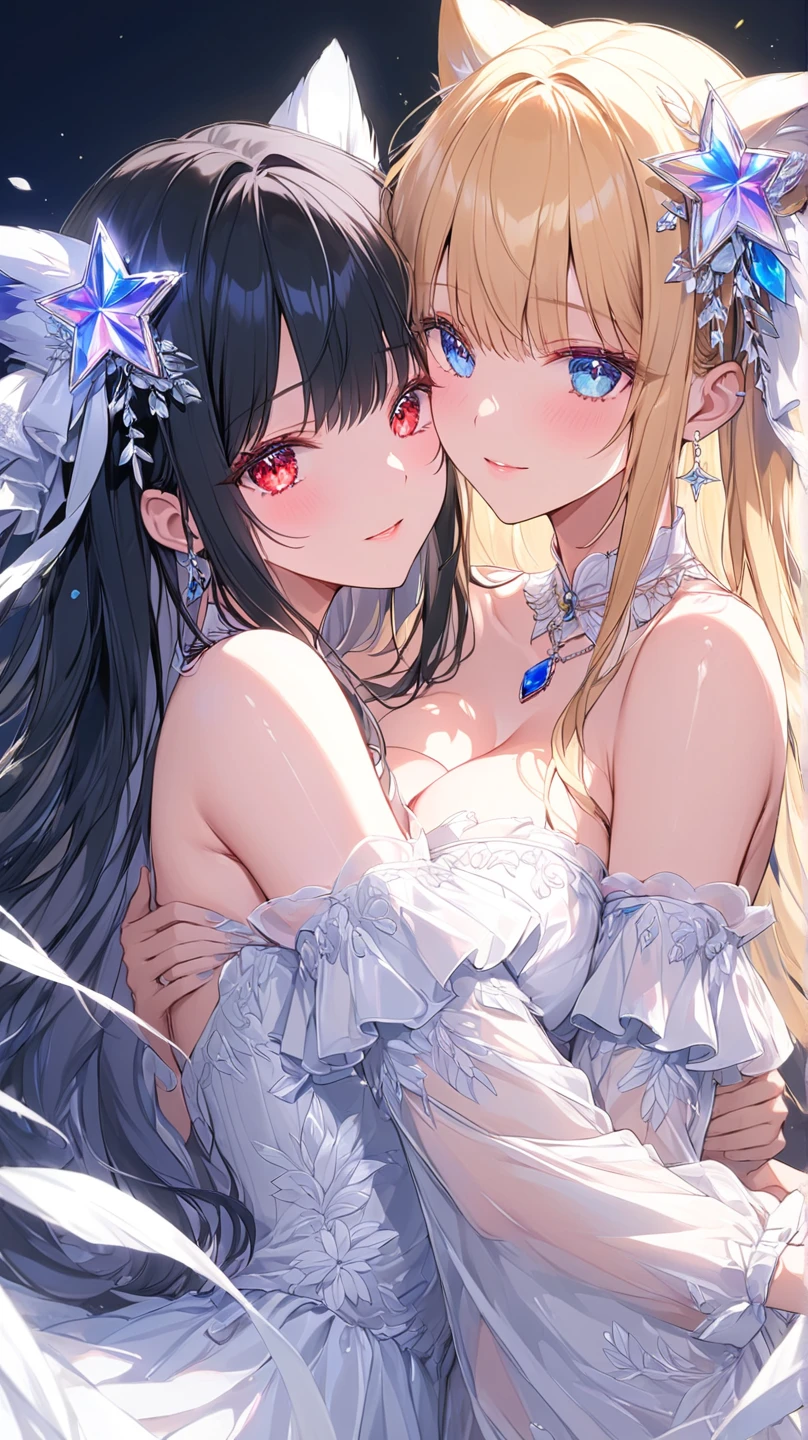 Two girls in dresses looked at each other and leaned together to kiss, one with black hair and red pupils, the other with white hair and golden pupils, with a delicate face and a shy expression, with a starry sky in the background, and the whole body