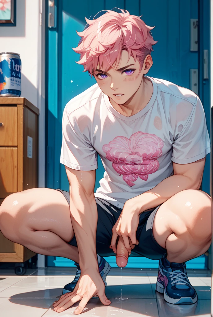 Masterpiece, best quality, 1man, pink hair, pink eyes, short hair, skinny, embarrassed, facing the viewer, four arms, bulge in pants, sitting down