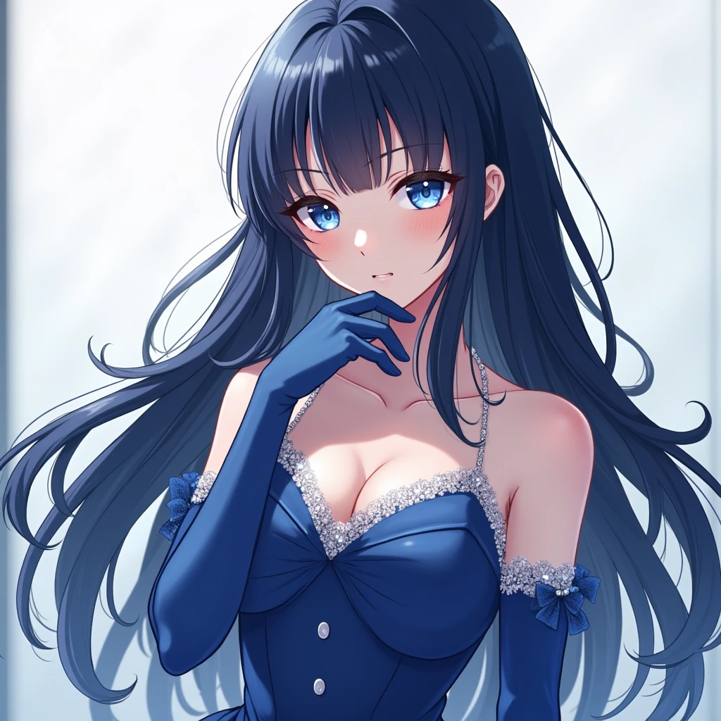 (masterpiece), best quality, expressive eyes, perfect face, 1 girl, black hair, blue eyes, sexy, (blue dress), (elegant dress), (silk dress), choker, plain background, choker