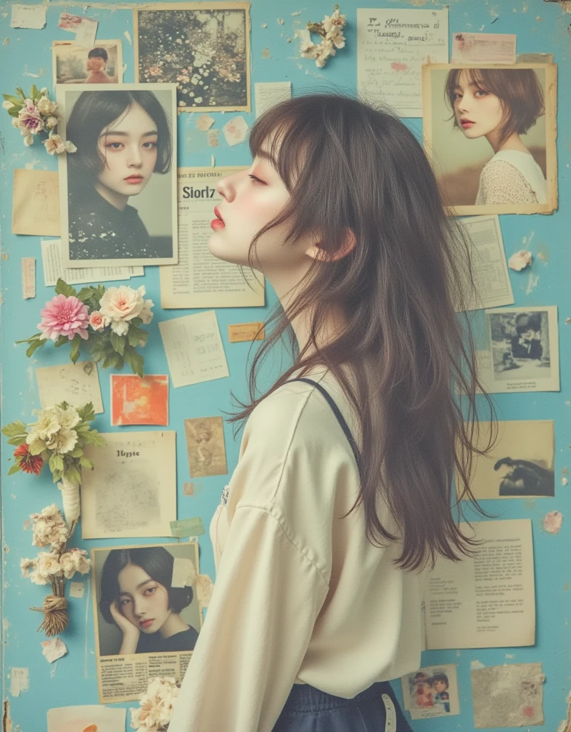 arafed woman holding up a magazine in front of a bulletin board, lofi girl, ulzzang, 🍁 cute, lofi girl aesthetic, lofi, lofi portrait, lofi aesthetic, low quality photo, an aesthetic!, cai xukun, lofi artstyle, lofi feel, aesthetic!!, fujicolor photo, with short hair