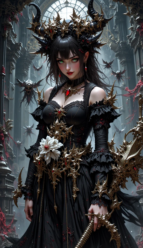 On night graveyard with blooming black roses there stand grim reapper female,  she have pale skin beatiful face features bright yellow eyes, dark suductive make up, her long hair have two colours half is black half is silver, she dreesed in long gorgeous gohtic dress high leather boots, she holding withered rose bouquet in he hands, (ultra high quality fantasy art, dark fantasy style, masterpiece, ultra high quality character design, 8k quality anime art, realistic anime art, top quality wallpaper illustration, detailed ultra high quality accurate face, high quality design and accurate physic)