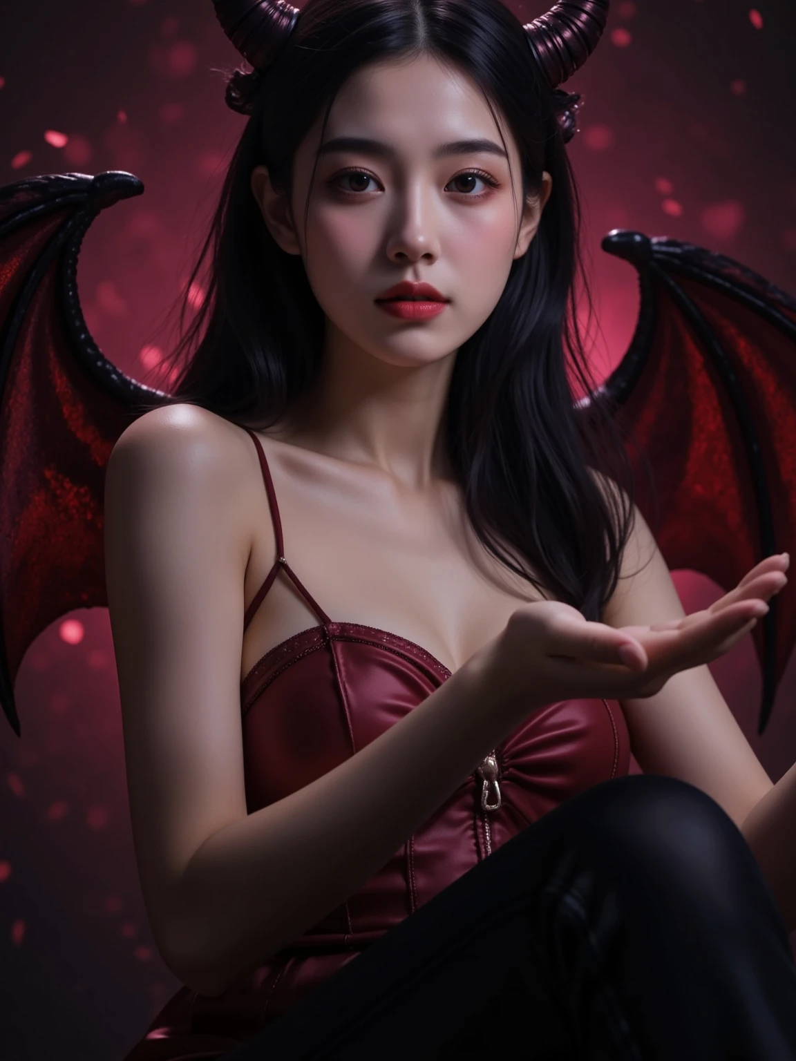 （Realisticな, photo-Realisticな:1.37),(8K, RAW Photos, Highest quality, masterpiece:1.2),  Ultra-detailed, 超High resolution, Kodak Vision Color, Filmed with an Arricam LT camera,Highest quality, Lively, 8K, High resolution, 1 female, Japanese、Escape, (Professional Lighting), (Portraiture:0.6), Black Hair, (Medium Hair）,23 years old、 Looks like white hair with horns (Gothic clothing is red and black) Realistic, a hyperRealistic , ((Perfect beautiful eyes)), Crazy looking condescending look ((Feet Fishnet)) pose for a photo (((The background is hell and fire))) ((Angel Wings)) (((Realistic bloody hand and bloody droplets)))、Hand holding a dagger (((No extra arms))),European Castles、Dracula's House、