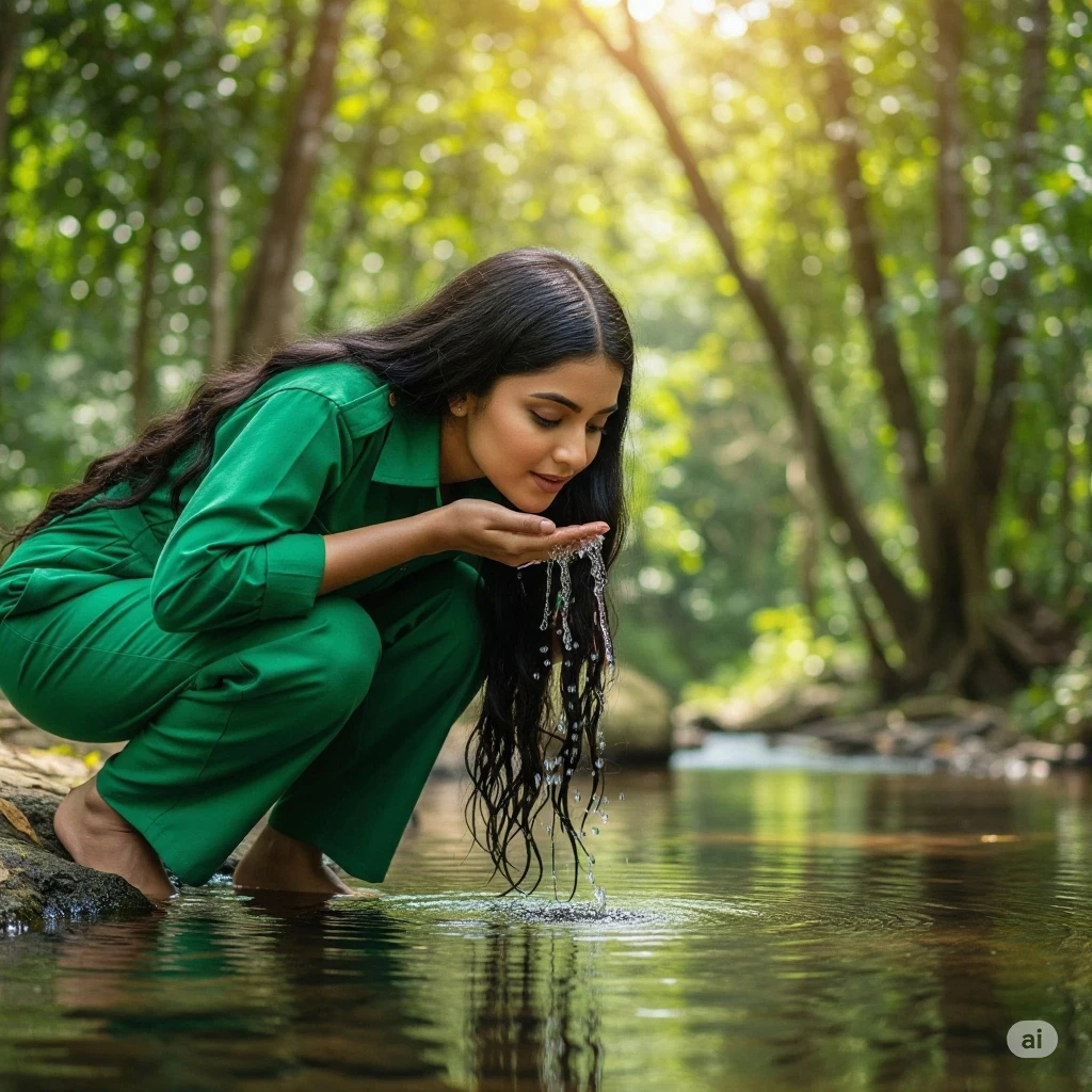 a girl，wearing muslim cloth while drinking water，The water got the clothes wet