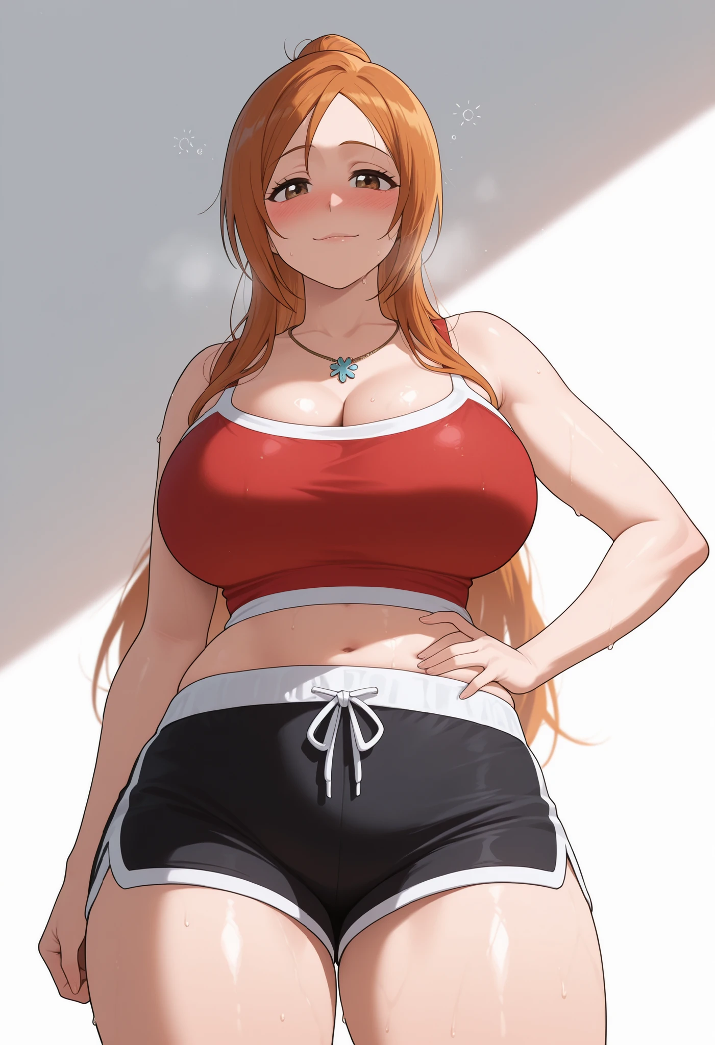 1 girl, nami, (one piece), nami one piece, long orange hair, earrings, large breasts, amazing body, pronounced feminine feature, tight gym leggings and a white crop top ultra sharp, 8k masterpiece