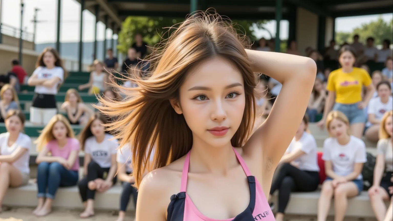 (highest quality、4k、High Resolution、Masterpiece: 1.2)、Super detailed、(Real: 1.37)、Beautiful detailed eyes、Beautiful detailed lips、Intense expression、Sweat、Blooming with determination、Young and incredibly beautiful female marathon runner、During a running race