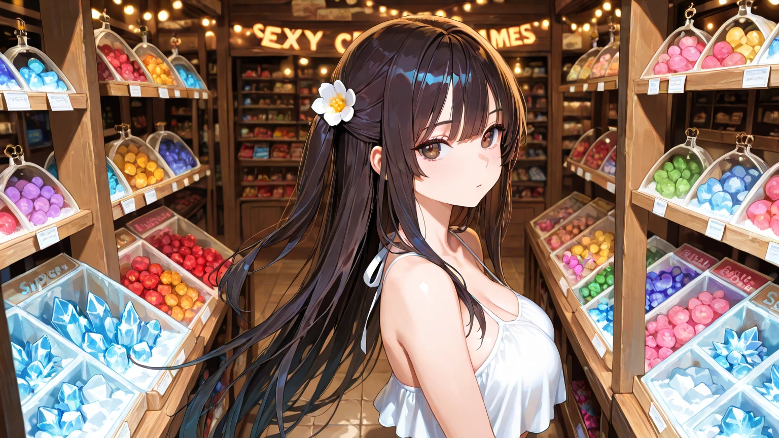Nagino Sakura, brown eyes, brown hair, hair band, medium length hair, empty eyes , Running, wearing nothing, big anime eyes, , shiny hair, bare-skin, navel, the groin, BREAK in front of convenience store, large breasts、 Nipples, nsfw, nipple , wet, Flooding. sea. solo