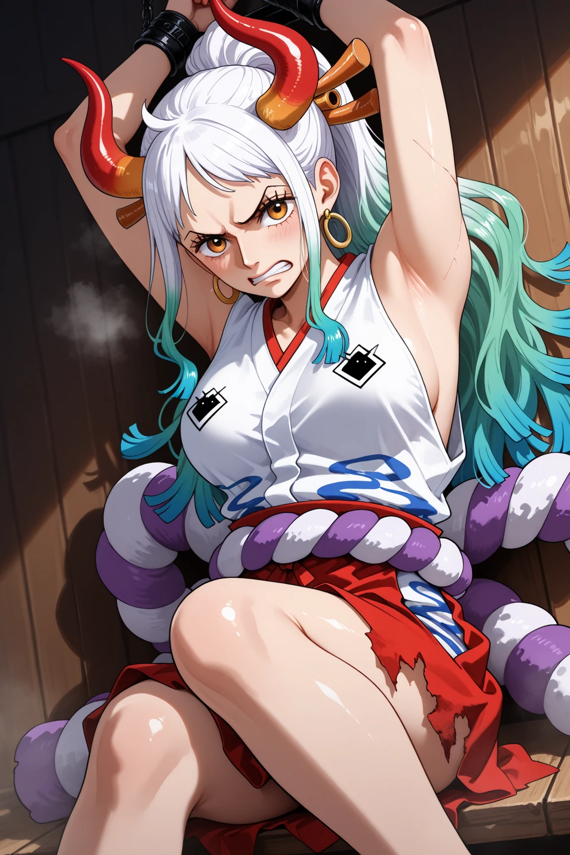 Masterpiece、Highest quality、Super detailed、Yamato\(one piece\),Onigashima、Kozuki Oden、Inu-dog fruit、Big Mouth True God、handcuffs、Shackles、first round、Prisoner Slave、