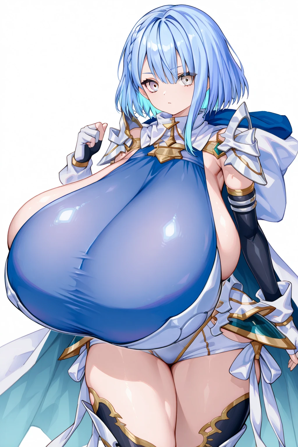 hof, 1girl, kiana kaslana, solo, small breasts, medium breasts, blue eyes, gauntlets, white hair, cleavage, jewelry, ponytail, earrings, bare shoulders, closed mouth, bangs, simple background, hair ornament, looking at viewer, hair between eyes, torn cape, armor, antenna hair, thigh boots, white thighhighs, black gloves, boots, white footwear, big belly, huge belly, vore, big belly, (big belly:1.7), (large belly:1.7), large belly, huge large belly, hermoso, obra maestra, mejor calidad, cara extremadamente detallada, perfect ilumination, hyper pregnant, (hyper pregnat:1.6), 1girl, solamente, (manos perfectas, Perfect anatomy), Masterpiece 8k, (belly con forma humana:1.3) , one eyes close , sonrojo, muslos anchos, caderas anchas, boca abajo, acostada, acostada sobre barriga, hermoso, obra maestra, mejor calidad, cara extremadamente detallada, perfect ilumination, 1girl, solamente, (manos perfectas, Perfect anatomy), Masterpiece, 8k, , cara detallada, (cara detallada;1.4), sonrojo, sonrisa, manos perfectas, sexy, NSFW