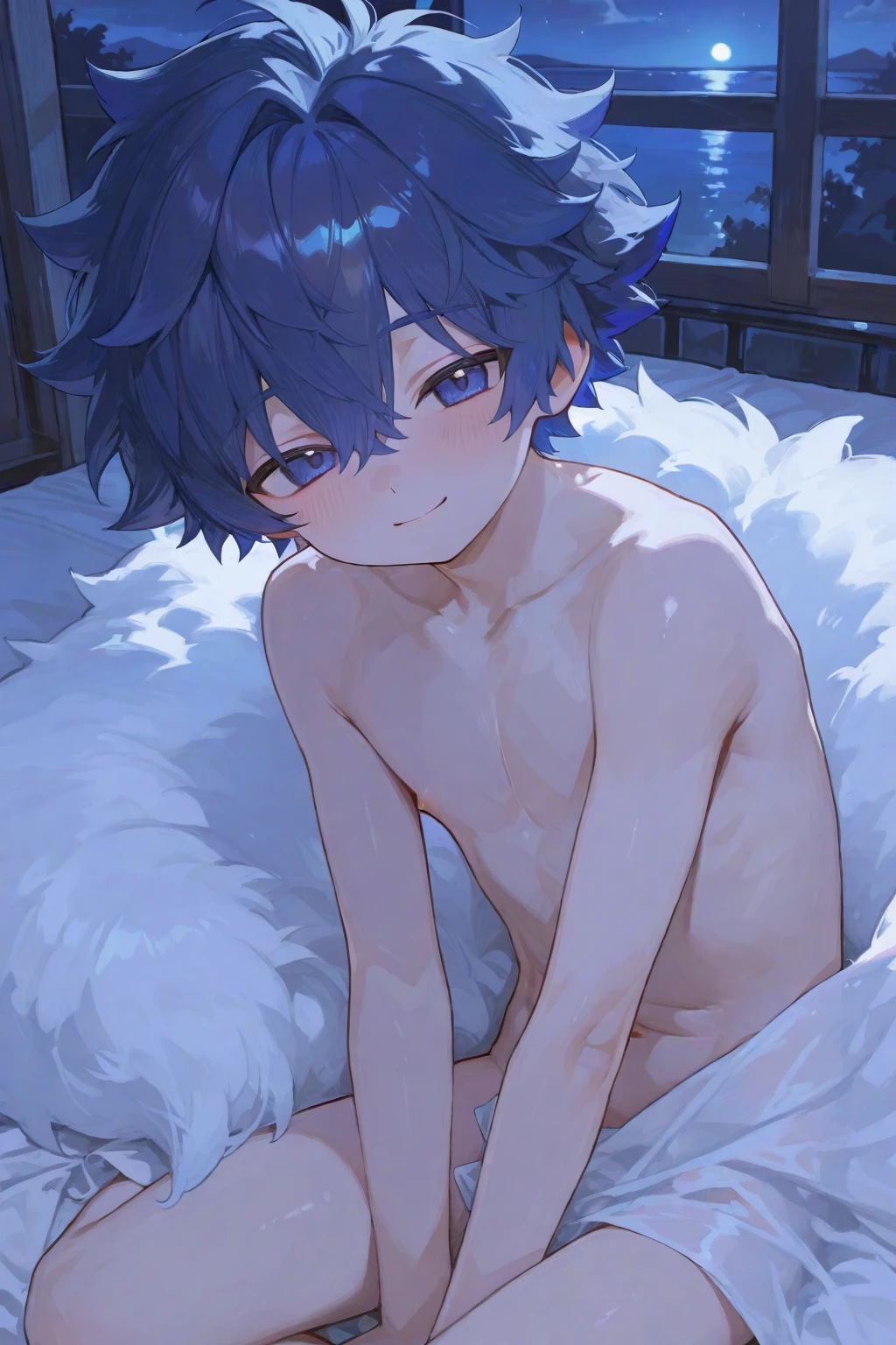 , White and blue fur, Shota, blue eyes, Messy hair, White hair, short hair, masterpiece, Very detailed,,,独奏,Lying down,Open your legs,,Looking at the camera,On the bed,Wolf's facial features,Blue hair,Wolf paw,Wolf Tail,Happy expression,Blue ears,Thin muscle,Black tight top,Black swimming trunks,Detailed lighting