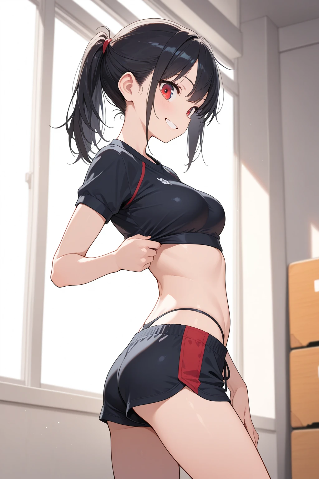 One Woman、Black Hair、Hairstyle、ponytail、Yellow Eyes、Slanted Eyes、whole body、Are standing、Black hooded shirt、Red shorts、Black Stockings、look back、View Viewer