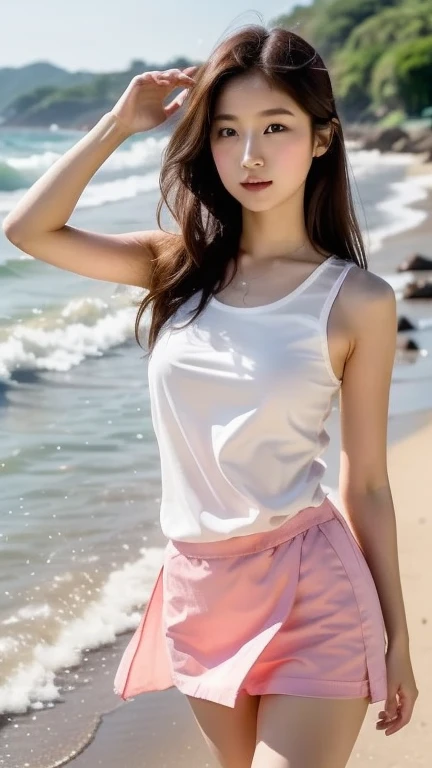 1 pretty girl,white skinned,brown hair,looking at viewer, beautiful small chest, France, pony tail, happy smile, sports, swimming, riding, pulling, dynamic, blooming tree, beach, pink skirt, sexy pose