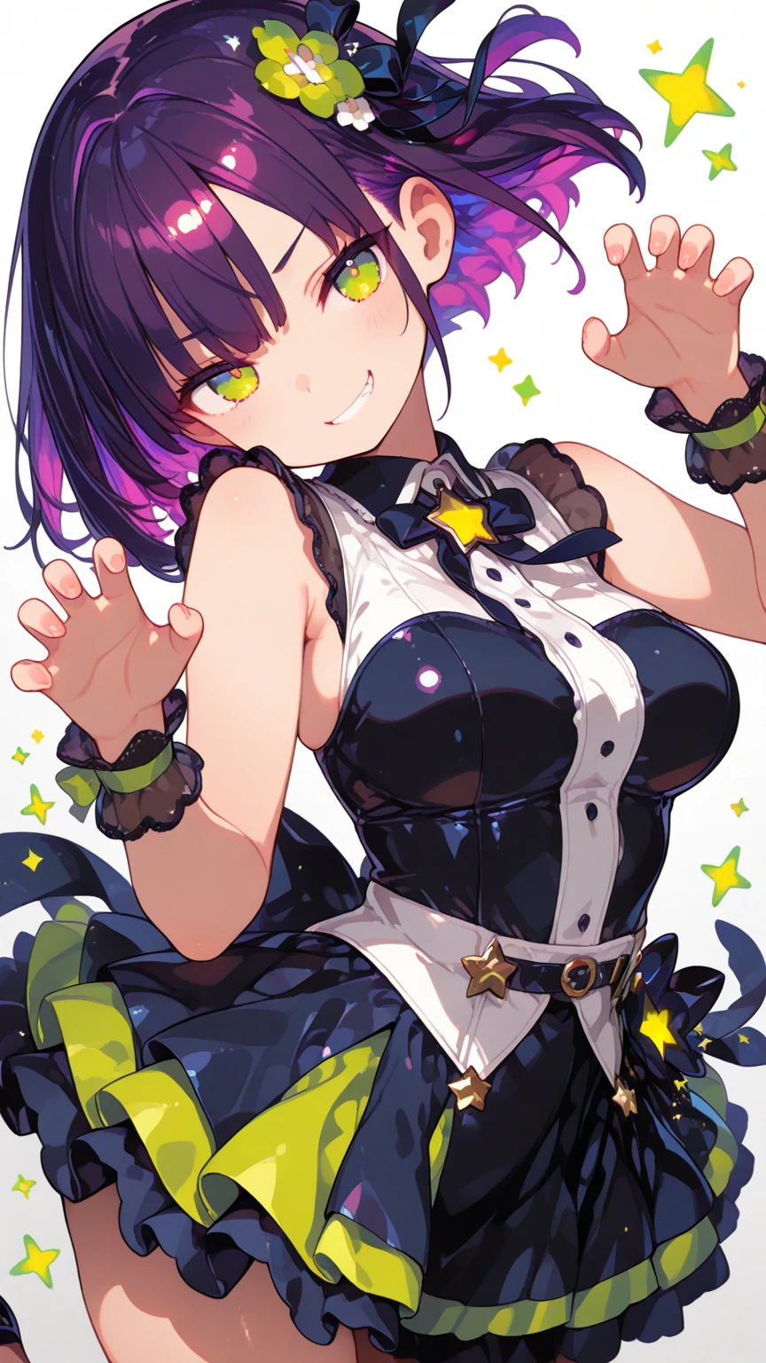 A slightly dark purple GIRL bunny that resembles a Gummy. She has a winking eye, a slanted mouth and a green gummy bow.  SPARKLE; GLITTER