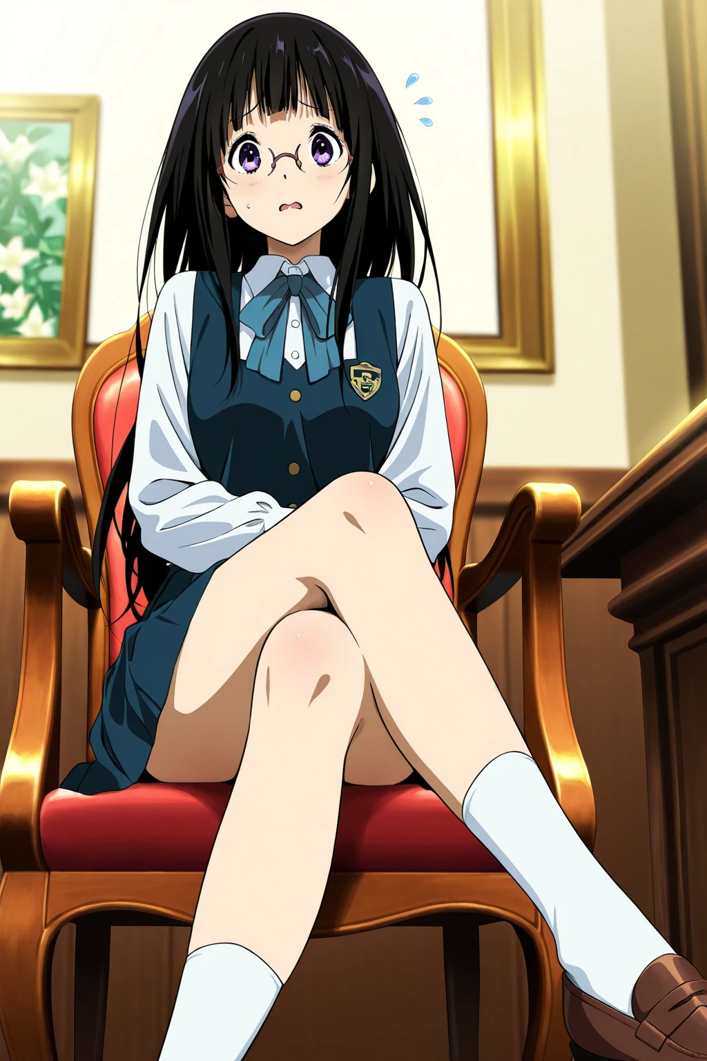 simple background、(masterpiece、super highest quality:1.2)、((Stare at me:1.2))、((perspective from below)),bangsあり、Young woman at 17 years old、((whole body))、promotional art、official art、dark blue uniform、long sleeve、Y-shirt、Green Tie Ribbon、bangs、black haired、long hair、purple eyes、black rubber riding boots、sit on a chair、((Show off the soles of your shoes))